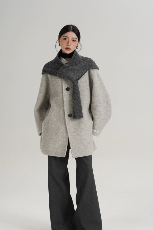 Hood Scarf Mid Length Wool Coat