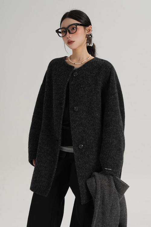 Hood Scarf Mid Length Wool Coat