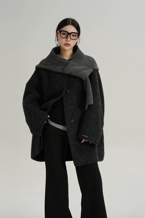 Hood Scarf Mid Length Wool Coat
