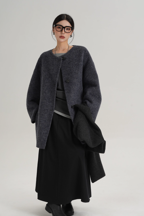 Hood Scarf Mid Length Wool Coat