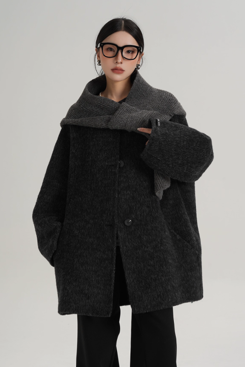 Hood Scarf Mid Length Wool Coat