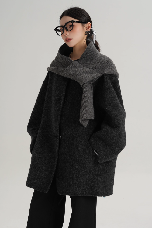 Hood Scarf Mid Length Wool Coat