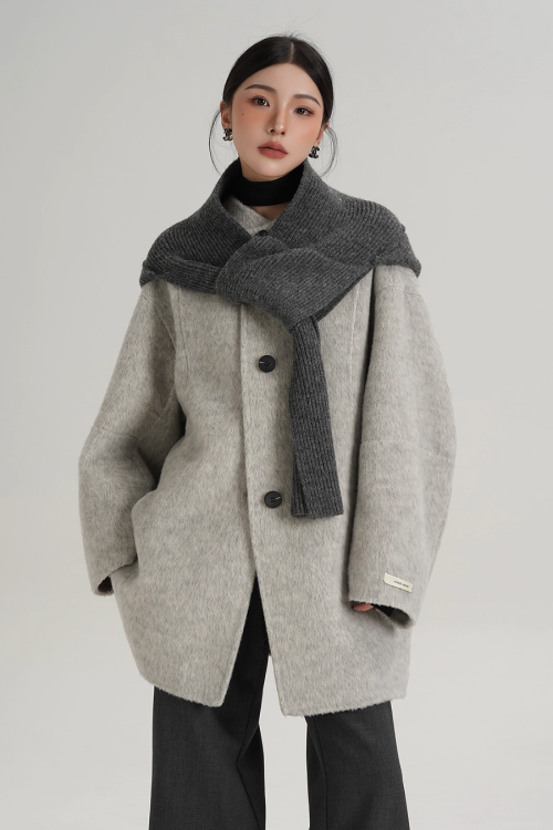 Hood Scarf Mid Length Wool Coat