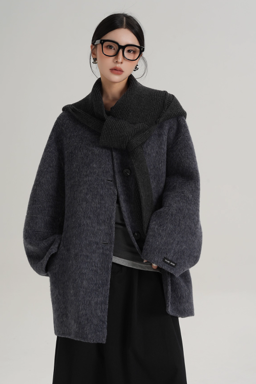 Hood Scarf Mid Length Wool Coat