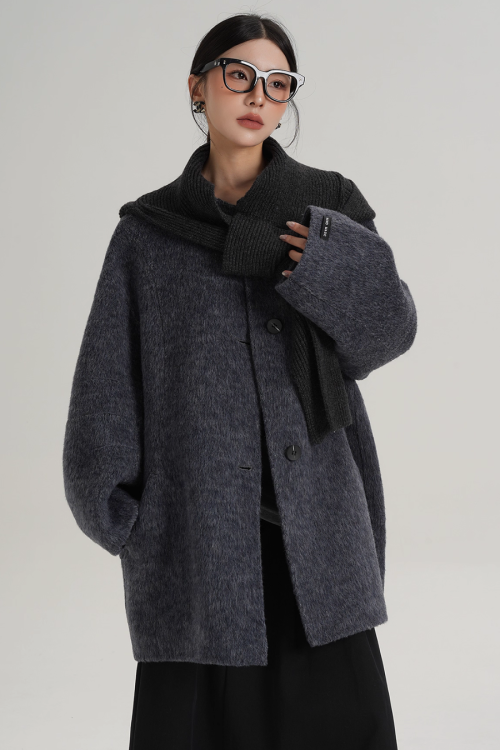 Hood Scarf Mid Length Wool Coat