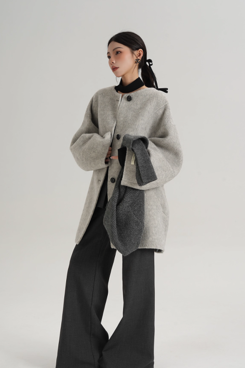 Hood Scarf Mid Length Wool Coat