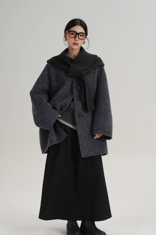 Hood Scarf Mid Length Wool Coat