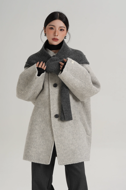 Hood Scarf Mid Length Wool Coat