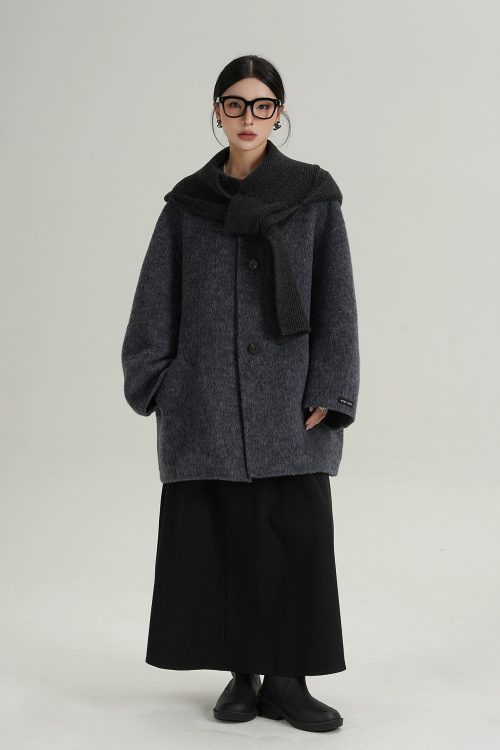 Hood Scarf Mid Length Wool Coat
