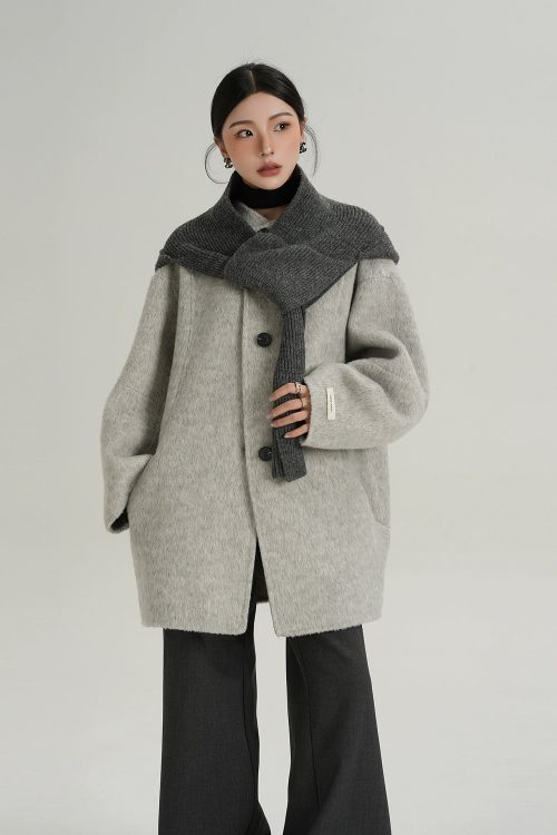 Hood Scarf Mid Length Wool Coat