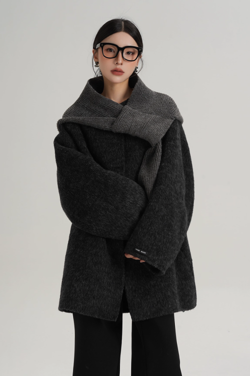 Hood Scarf Mid Length Wool Coat