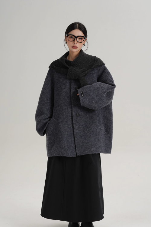 Hood Scarf Mid Length Wool Coat