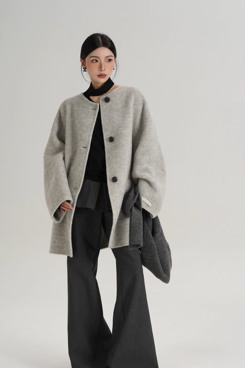 Hood Scarf Mid Length Wool Coat