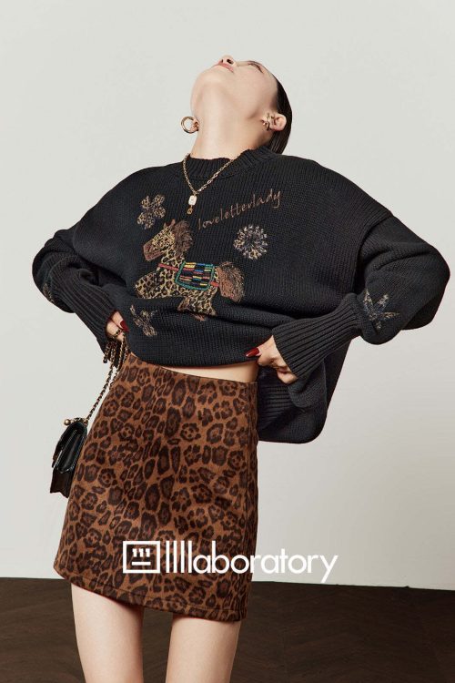 Horse Embroidered Knit Top / Leopard Mini Skirt