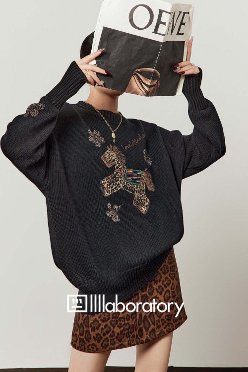 Horse Embroidered Knit Top / Leopard Mini Skirt