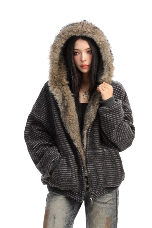 Inner Fur Thin Stripe Zip Hoodie