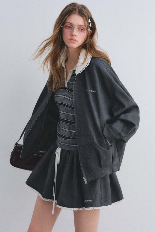 Lace Collar Zip Jacket / Flared Mini Skirt