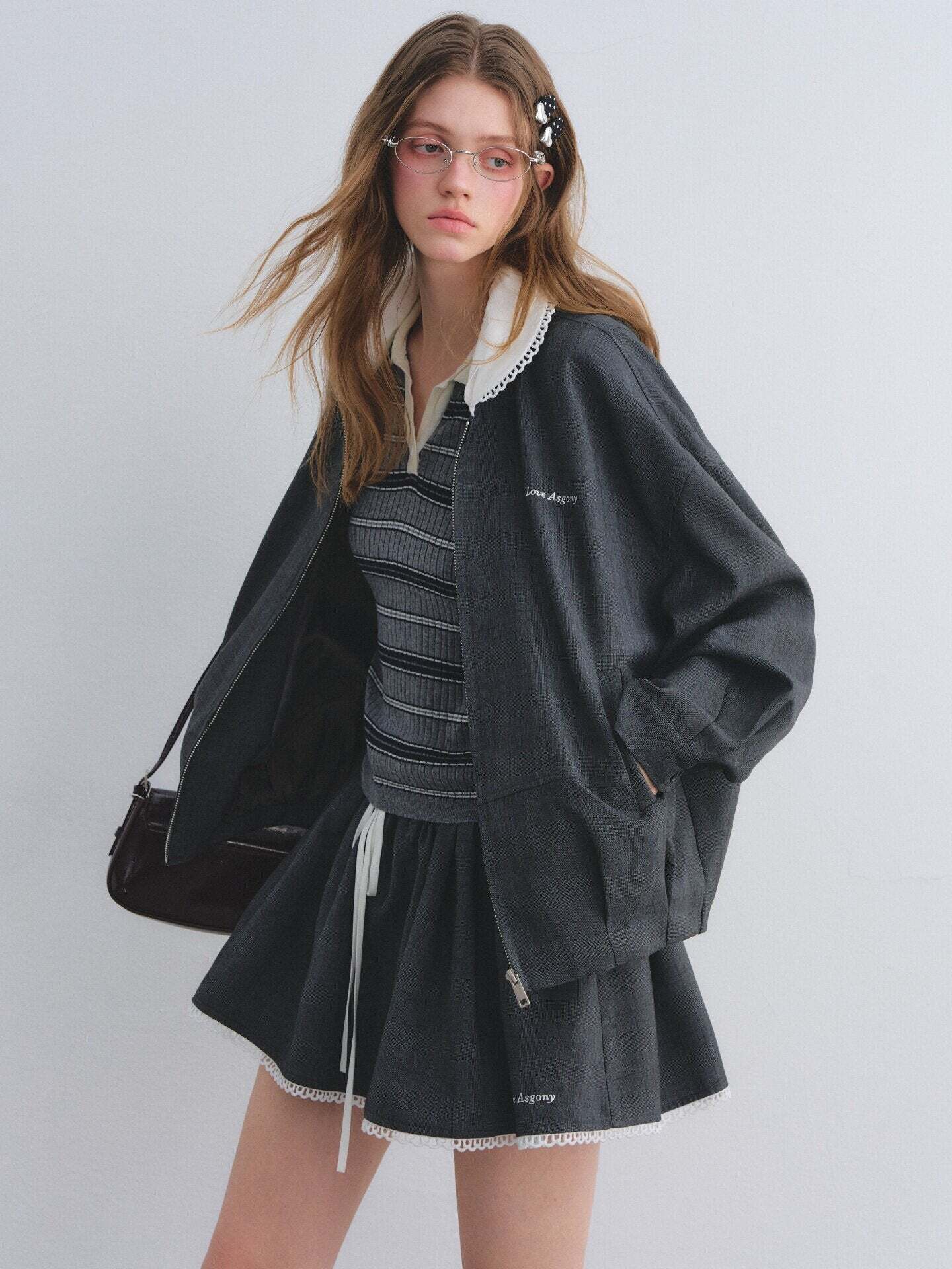 Lace Collar Zip Jacket / Flared Mini Skirt