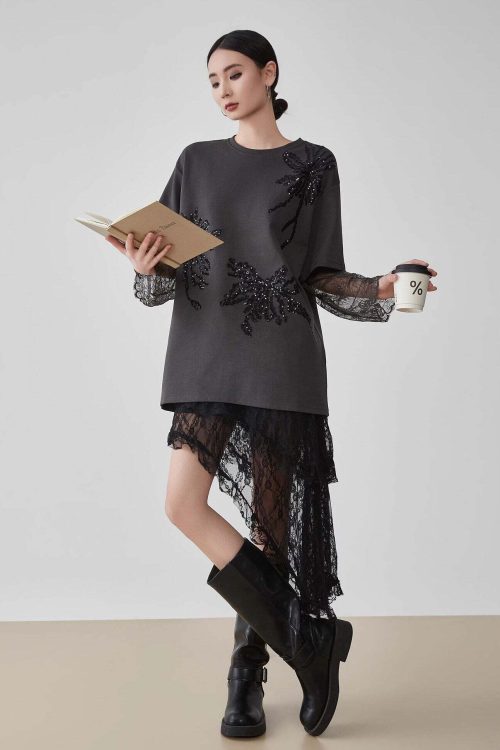 Lace Long-Sleeve Patchwork T-Shirt
