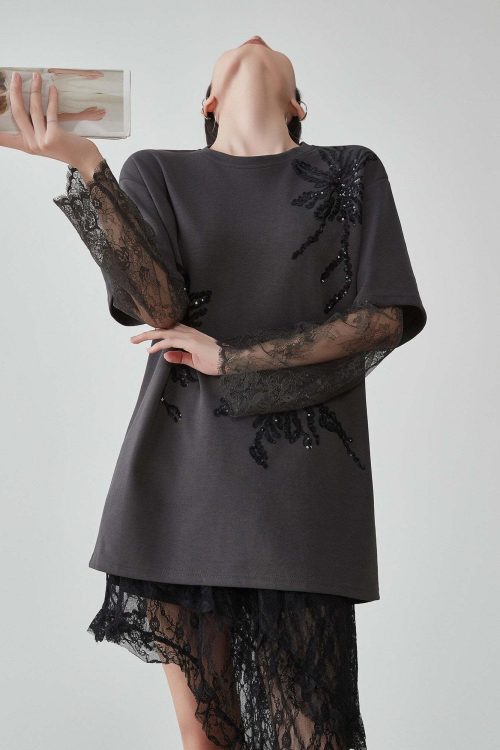 Lace Long-Sleeve Patchwork T-Shirt