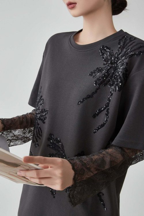 Lace Long-Sleeve Patchwork T-Shirt