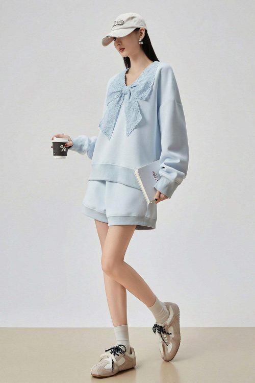 Lace Ribbon Long-Sleeve Top / Shorts