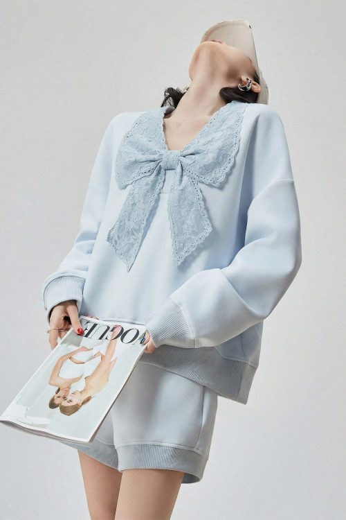 Lace Ribbon Long-Sleeve Top / Shorts