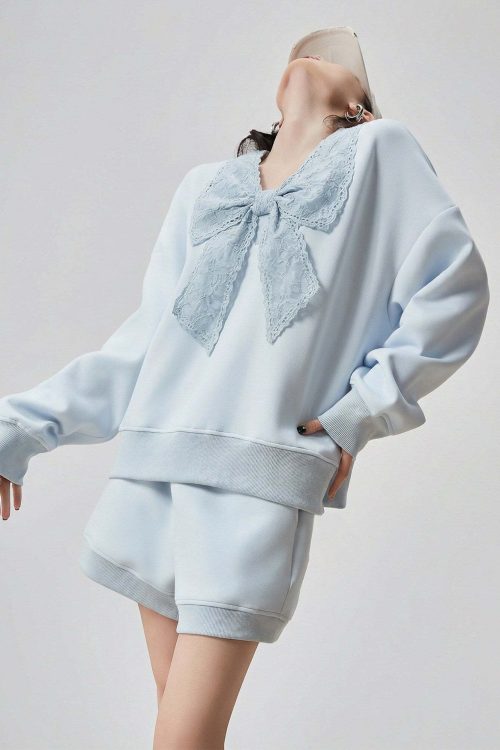 Lace Ribbon Long-Sleeve Top / Shorts