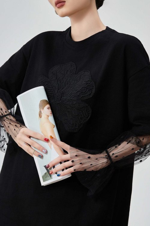 Lace Sleeve Round Neck T-Shirt