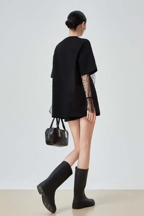 Lace Sleeve Round Neck T-Shirt
