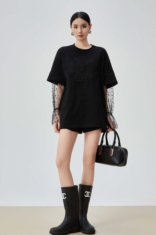 Lace Sleeve Round Neck T-Shirt