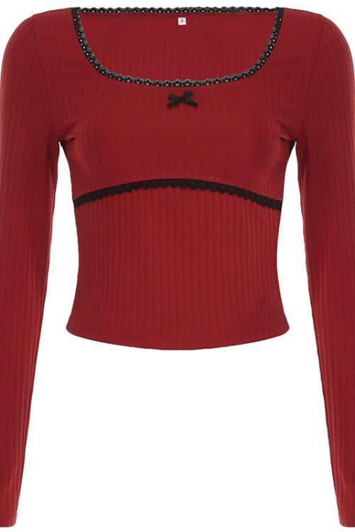 Lace Trim Round Neck Bow Coquette Long Sleeve Tee