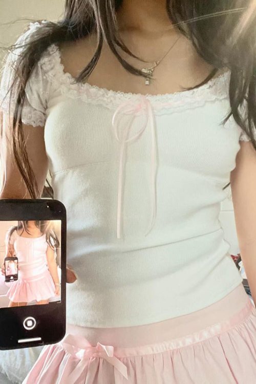 Lace Trim Square Neck Bubble Short Sleeve Tee