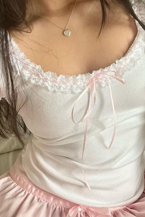 Lace Trim Square Neck Bubble Short Sleeve Tee