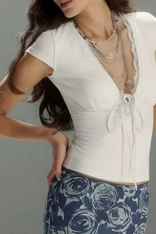 Lace Trim Tie Front Top