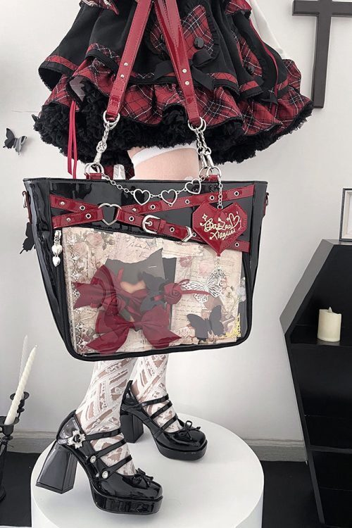 Large Black Gothic Ita Tote Bag with Clear Window and Included Insert for Pin Display