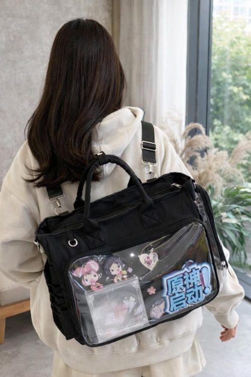 Large Black Kawaii Convertible Ita Bag with Clear Window for Photocards and Pins