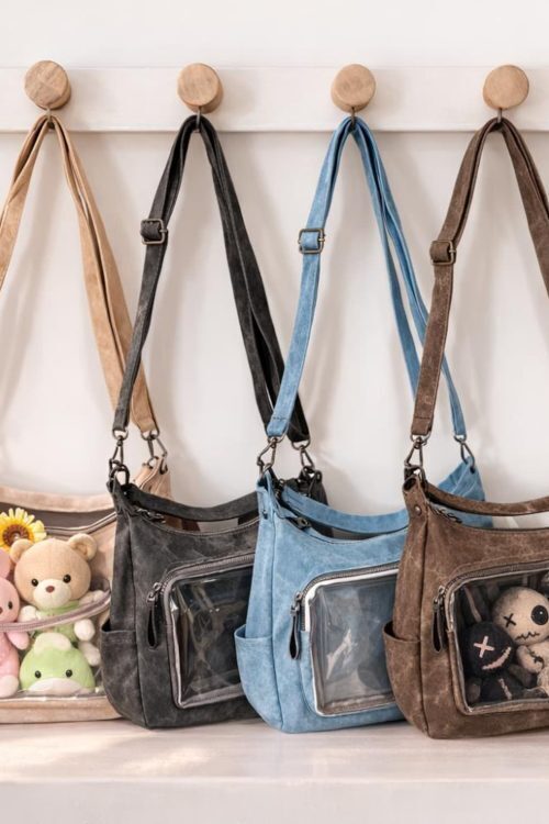 Large Black Kawaii Convertible Ita Bag with Clear Window for Plushies and Pins