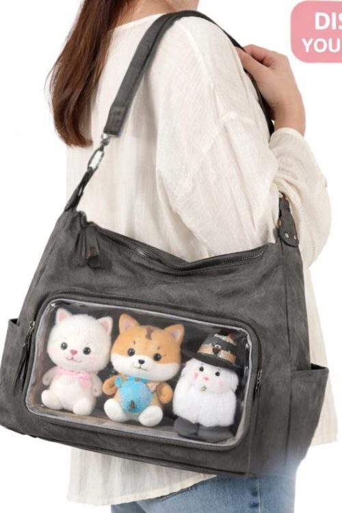Large Black Kawaii Ita Shoulder Bag with Clear Window for Plushies and Pins