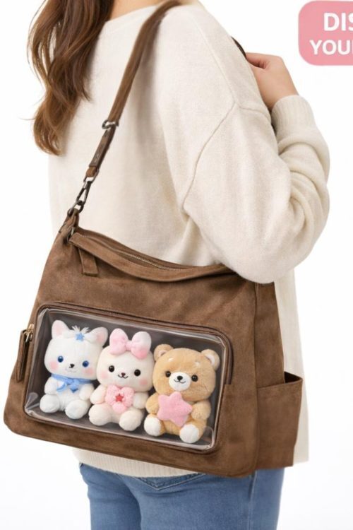 Large Black Kawaii Ita Shoulder Bag with Clear Window for Plushies and Pins