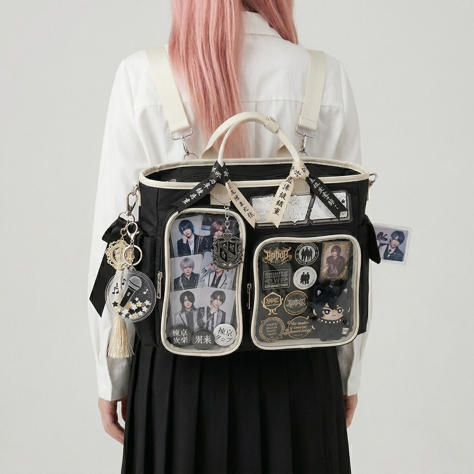 Large Black Kawaii Y2K Ita Backpack with Clear Window for Photocards and Pins