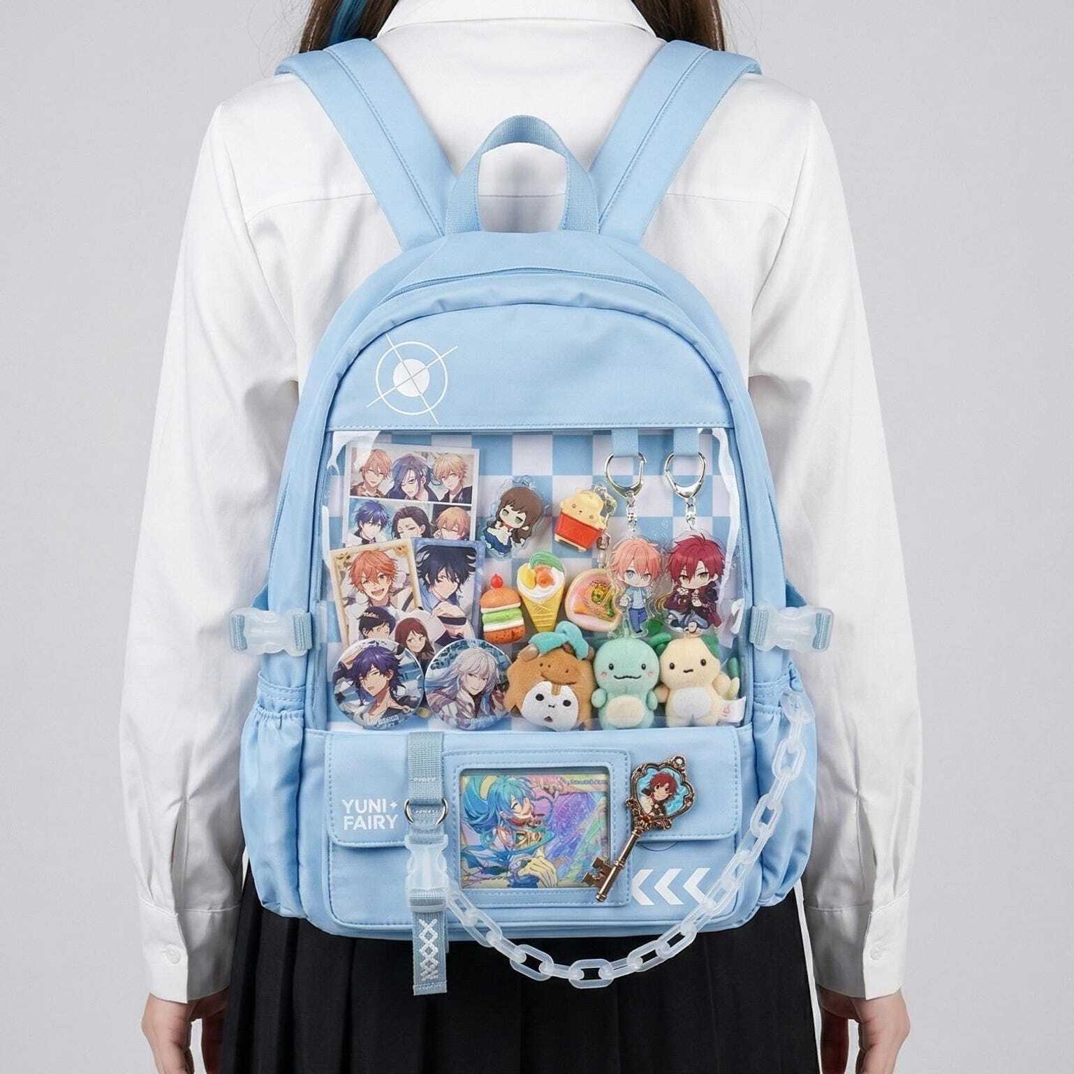 Large Blue Kawaii Y2K Ita Backpack with Clear Window for Photocards and Pins