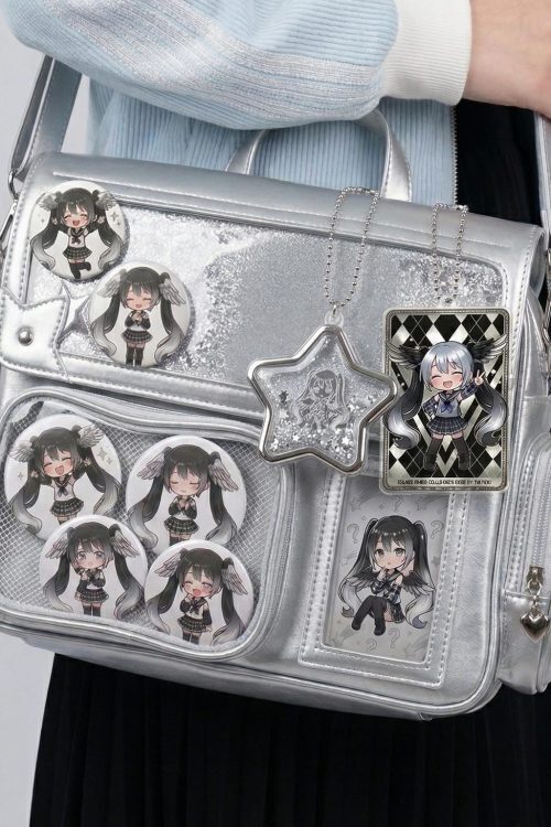 Large Silver Kawaii Y2K Ita Backpack with Clear Window for Pin Display