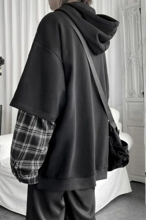 Layered Plaid Sleeve Hoodie