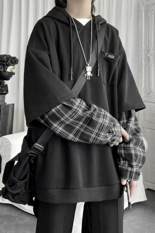 Layered Plaid Sleeve Hoodie