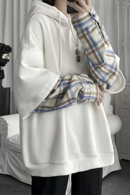 Layered Plaid Sleeve Hoodie