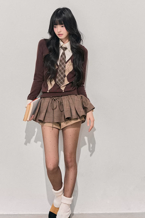 Layered-Style Argyle Knit Shirt