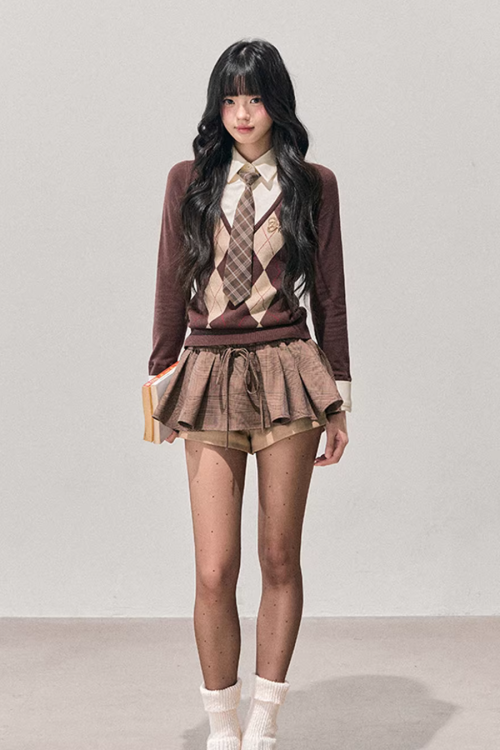 Layered-Style Argyle Knit Shirt