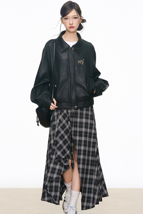 Leather Jacket / Asymmetric Check Pattern Skirt