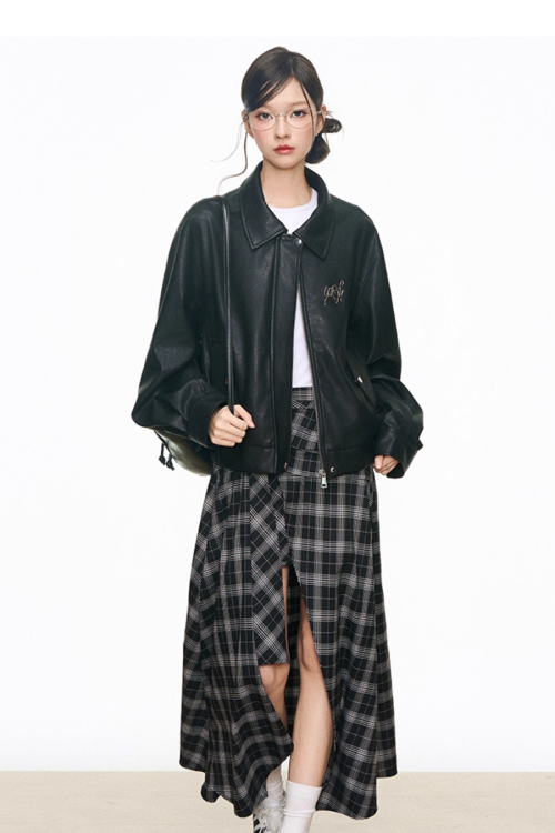 Leather Jacket / Asymmetric Check Pattern Skirt
